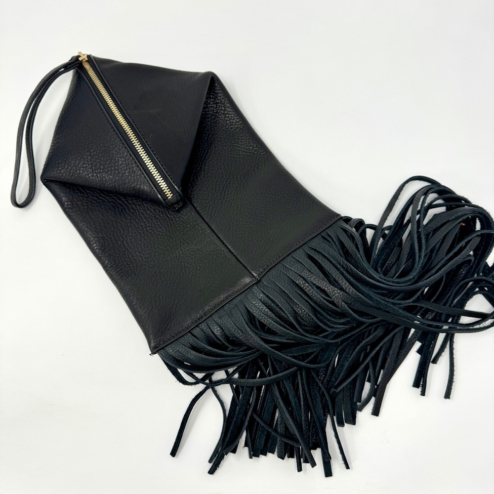 Chic Black Fringe Leather Wristlet